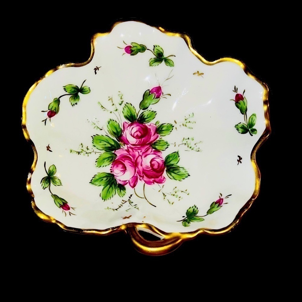 VINTAGE Leaf Shaped Trinket Dish Rose Gold Trim Made In France